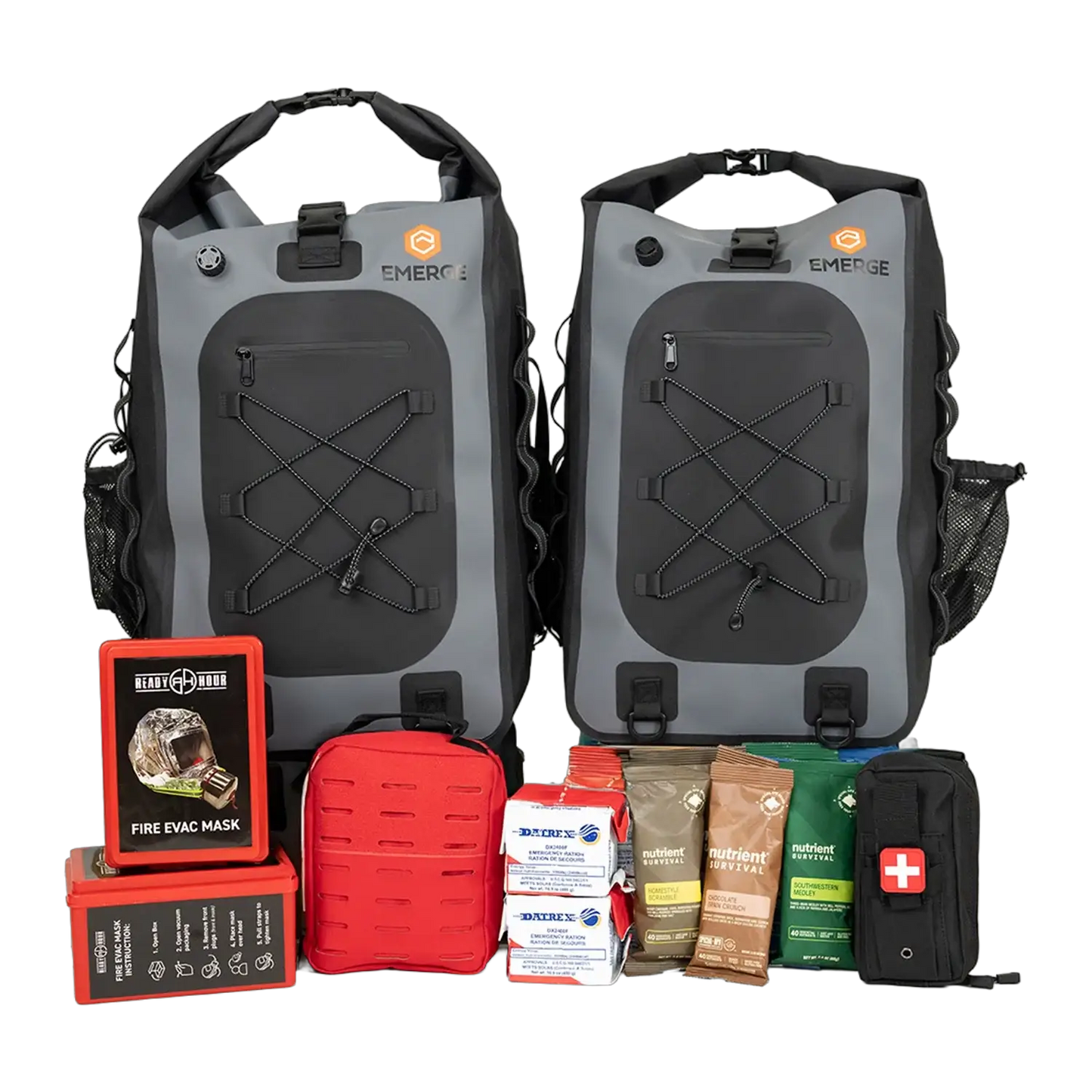 Emerge Survival Evacuation Bag for 1–2 people gray/black dual-bag set with front zipper pocket on Tampa Home & Garden Store