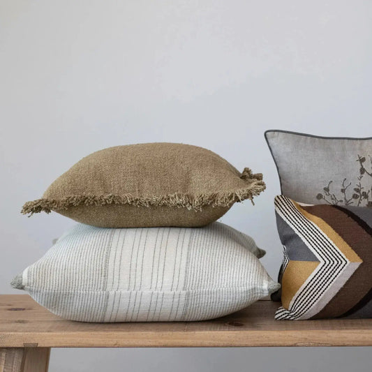 Cotton pillow cover Everett with grey stripes and fringe edge on Tampa Home & Garden Store