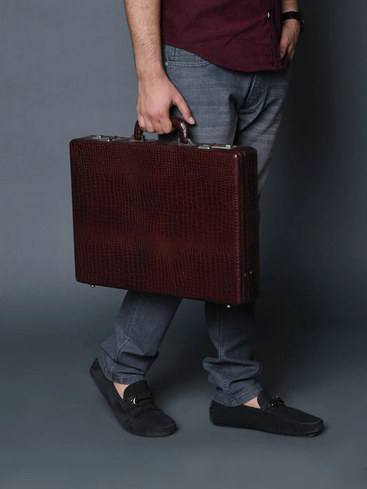 Executive Croco Leather Briefcase with Lock brown croco-embossed leather on Tampa Home & Garden Store