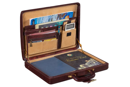 Executive Men's Leather Attache Laptop Briefcase burgundy leather with tan interior on Tampa Home & Garden Store