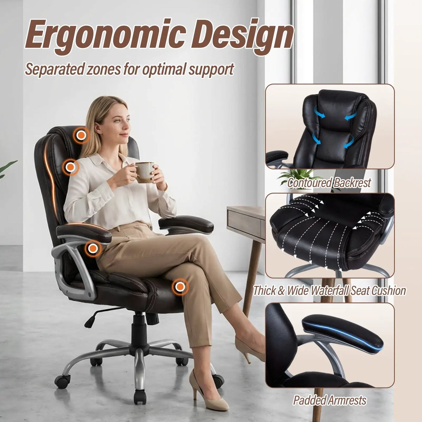 Executive Leather Ergonomic Office Chair black leather with backrest and padded armrests on Tampa Home & Garden Store