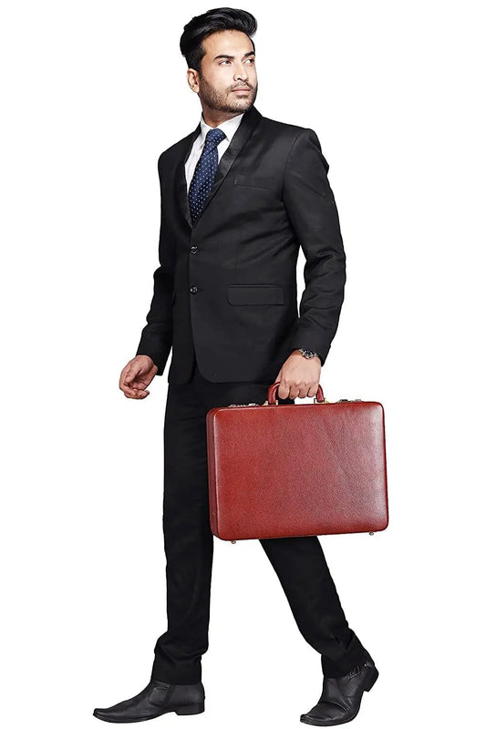 Expandable leather office briefcase in red with top handle carried by a man in a suit on Tampa Home & Garden Store