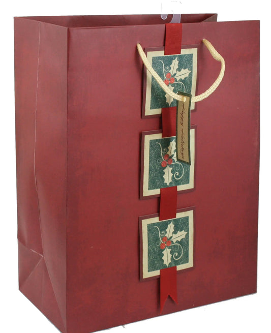 Expressive Design Happy Holidays Gift Bag rope handles and holly panels on Tampa Home & Garden Store