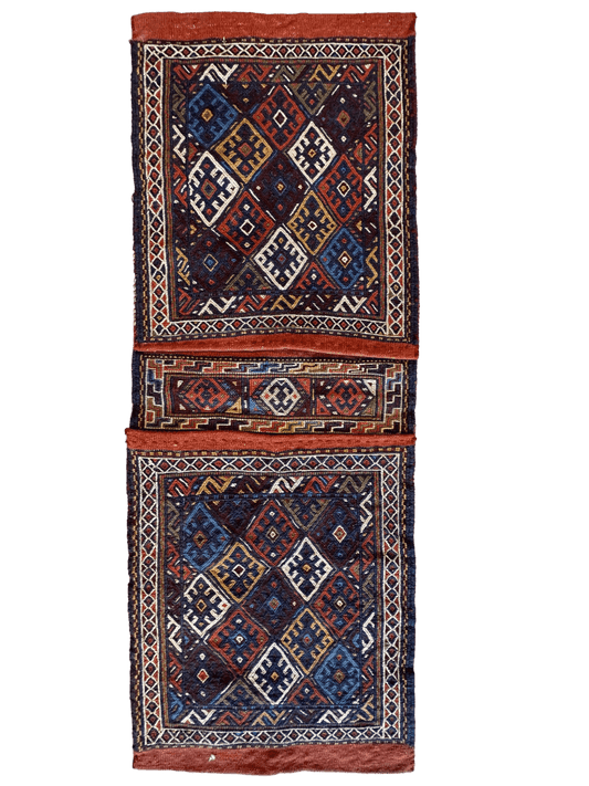 Persian Qashqai nomadic saddle bag rug with geometric pattern in red ivory by Rugistan on Tampa Home & Garden Store