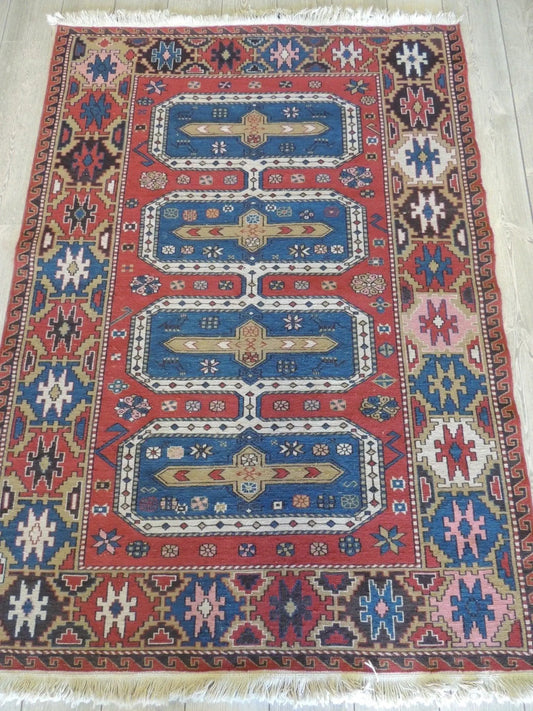 Vintage hand-knotted Soumak area rug 6x4 ft with red blue beige geometric border Rugistan on Tampa Home & Garden Store