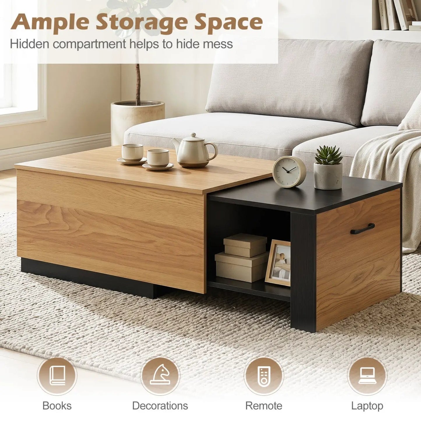 Extendable Coffee Table with Hidden Storage by DirectDeals, oak top and black base on Tampa Home & Garden Store