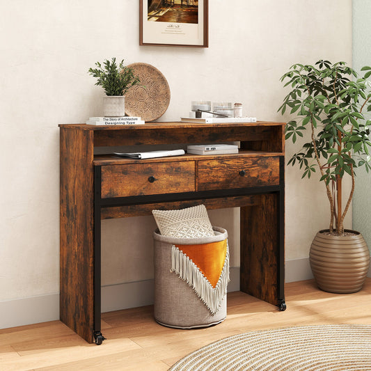 Extendable Computer Desk with 2 Storage Drawers Convertible Home Office Rolling Study Writing Desk-Rustic Brown - Tampa Home & Garden Store