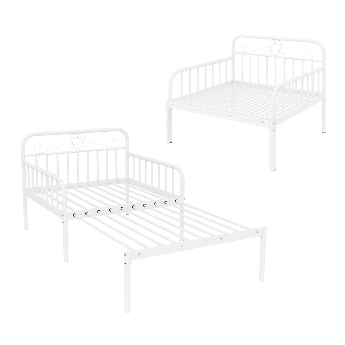 Two white metal daybeds with arched arms and heart motifs, extendable to twin size on Tampa Home & Garden Store