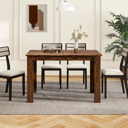 Extendable dining table for 4-8 people in dark wood with leaf, six beige upholstered chairs on Tampa Home & Garden Store