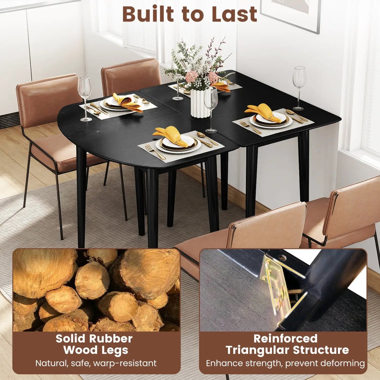 Extendable dining table set with black top, 2 half-round leaves, tan leather chairs DirectDeals on Tampa Home & Garden Store