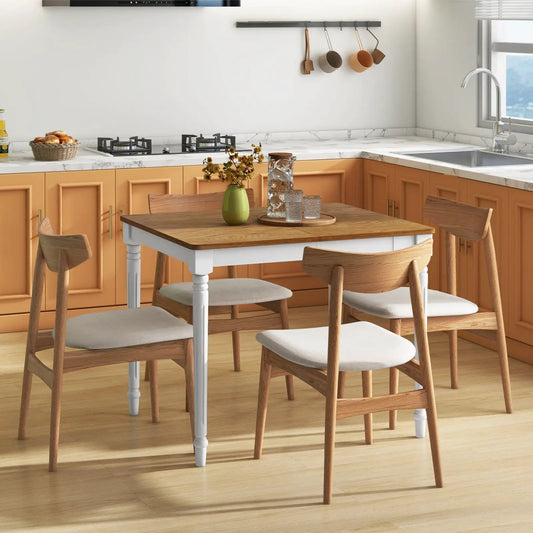 Extendable dining table with rubber wood legs and six chairs, natural wood top, white base on Tampa Home & Garden Store