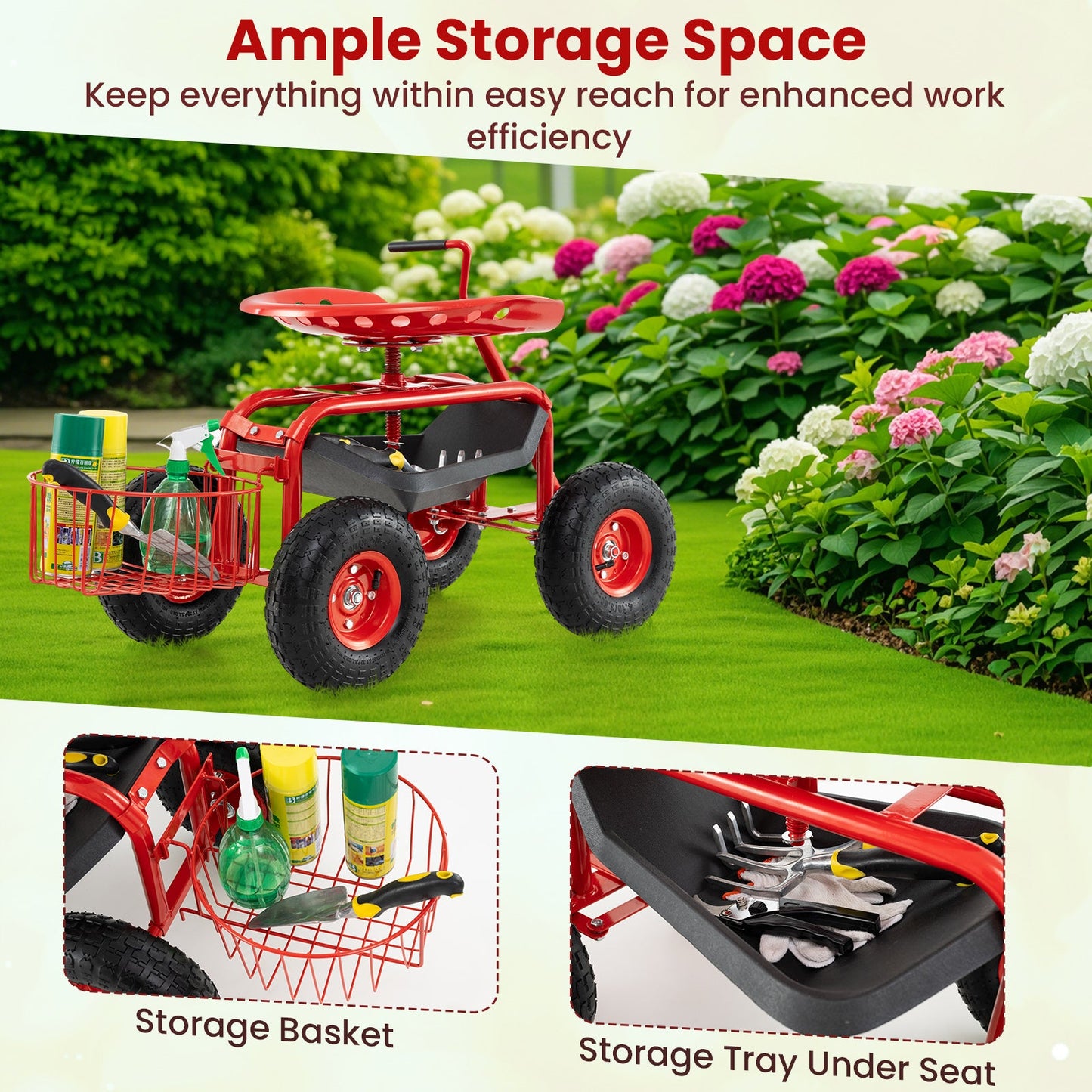 Carrito de jardín rodante con manija extensible - Rojo