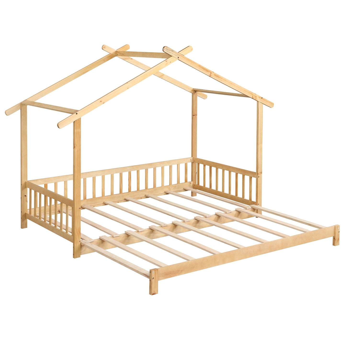 Cama Casita Extensible de Día Individual a King con Techo y Barandillas de Valla - Gris