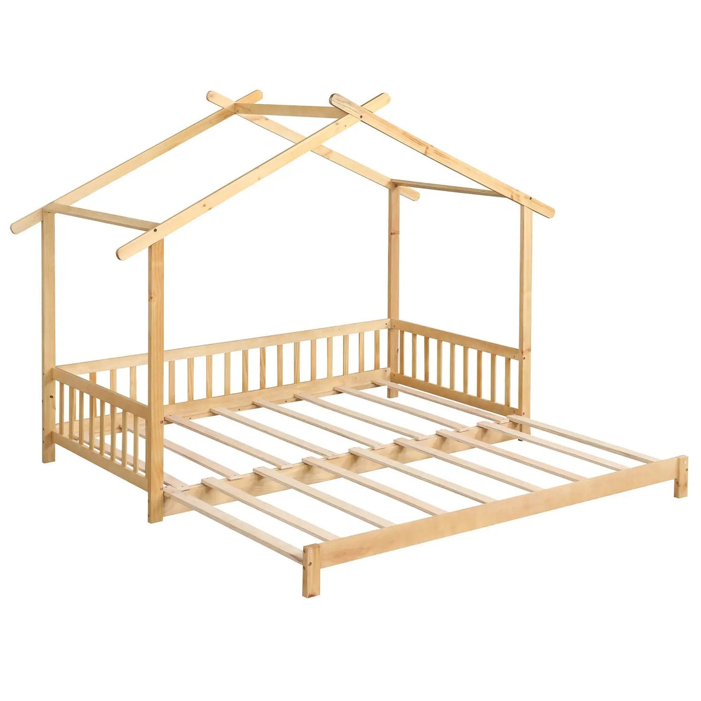 Extendable House Daybed Twin to King Roof Rails in natural wood frame with slatted base on Tampa Home & Garden Store