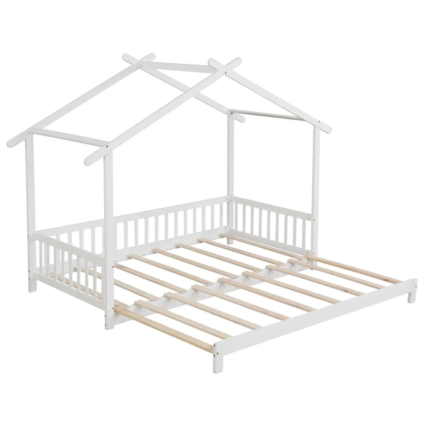 Extendable House Daybed with roof rails, white wood frame, twin to king size on Tampa Home & Garden Store