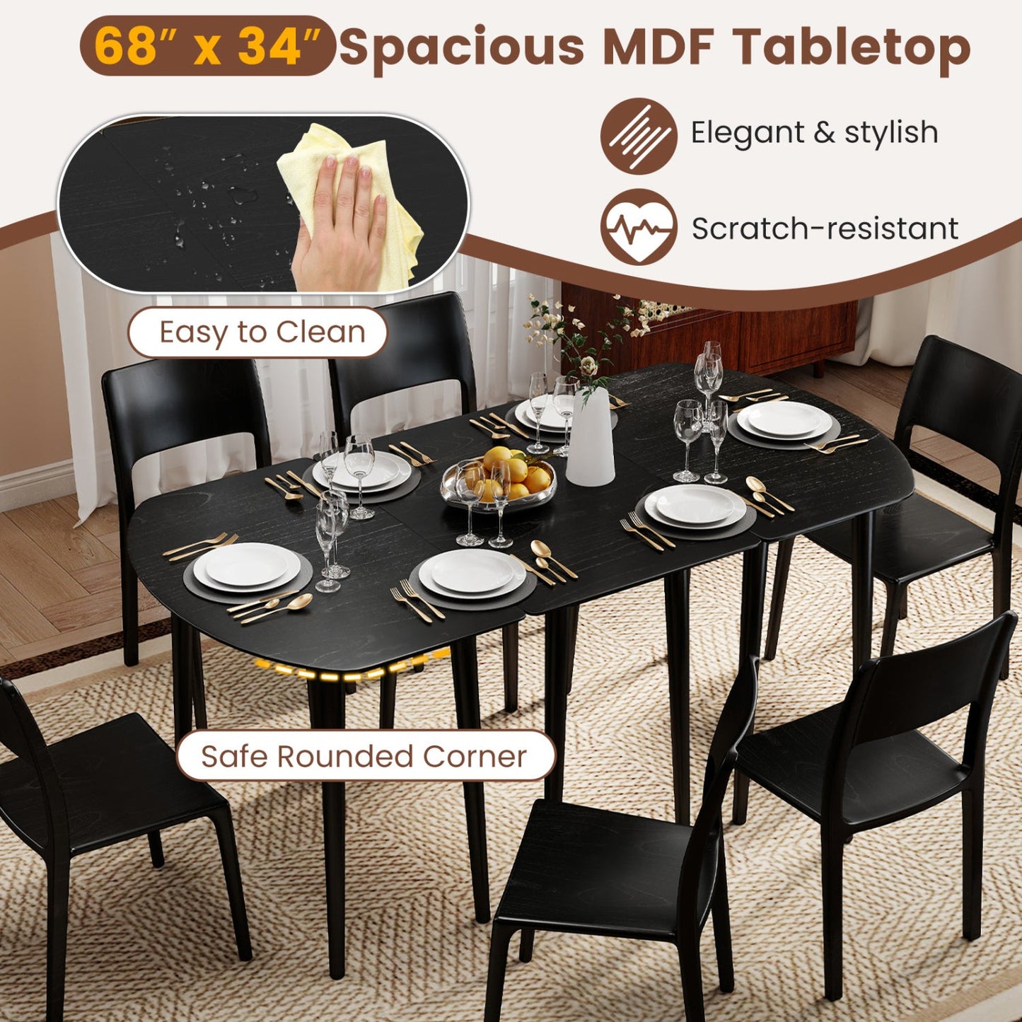 Extendable oval dining set with half-round leaves in black MDF tabletop for 4–6 seats on Tampa Home & Garden Store