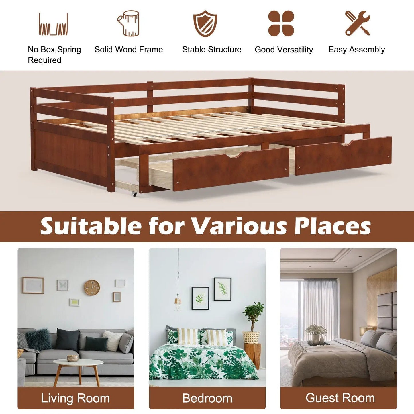 Extendable Twin to King Daybed with Trundle in warm brown solid wood with 2 storage drawers on Tampa Home & Garden Store