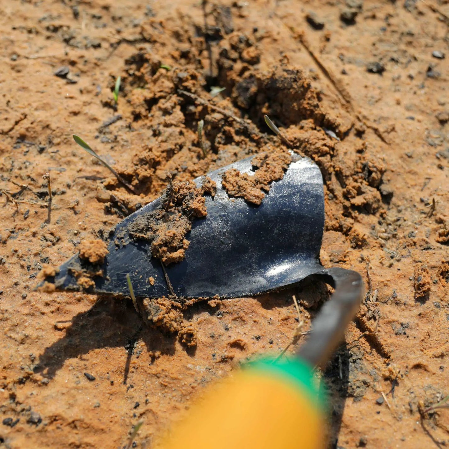 Ez Digger Triangle Blade Short Handle manual digger by Bootstrap Farmer with black blade on soil on Tampa Home & Garden Store
