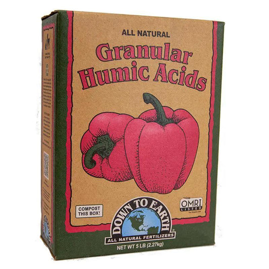 Granular Humic Acids fertilizer box, brown kraft with red pepper art, 5 lb Down To Earth on Tampa Home & Garden Store
