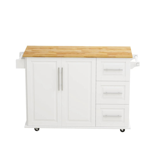 Kitchen Island Cart with 2 Doors and 3 Drawers white MDF construction with natural wood top on Tampa Home & Garden Store