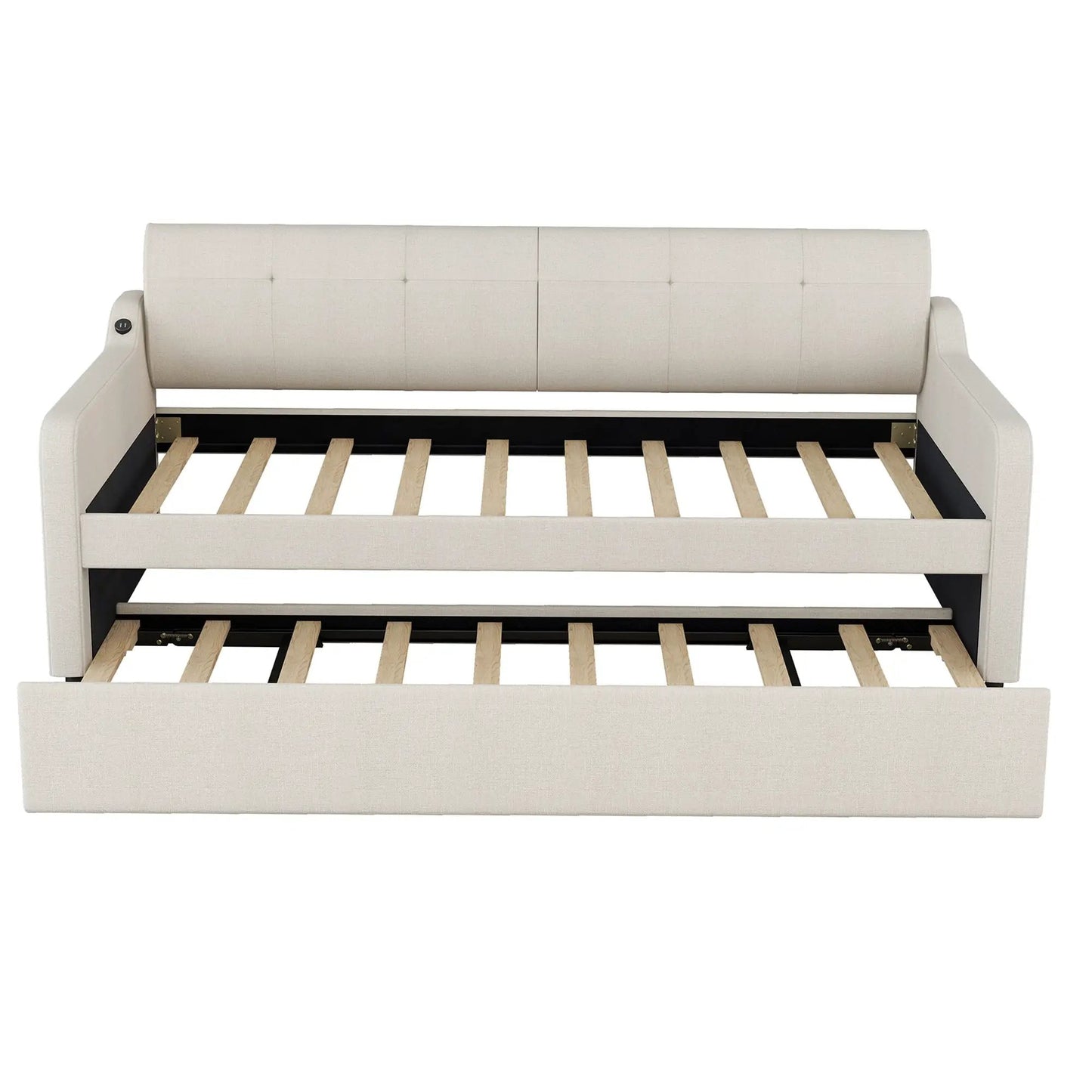 Twin Size Upholstered Daybed with USB Trundle in beige fabric, tufted backrest, slatted base on Tampa Home & Garden Store