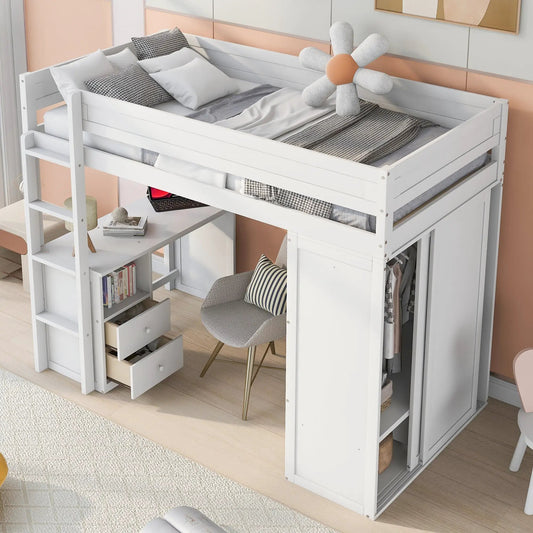 Wood Twin Loft Bed with Wardrobes and Desk White, finish with built-in desk and storage on Tampa Home & Garden Store