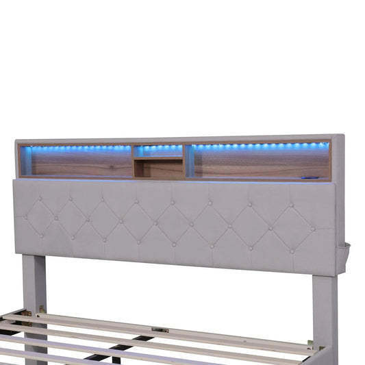 Queen Upholstered Platform Bed with Storage Beige featuring tufted headboard and shelves on Tampa Home & Garden Store