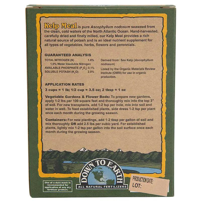 Kelp Meal seaweed fertilizer box 1-0-2 with Down To Earth logo on green packaging on Tampa Home & Garden Store