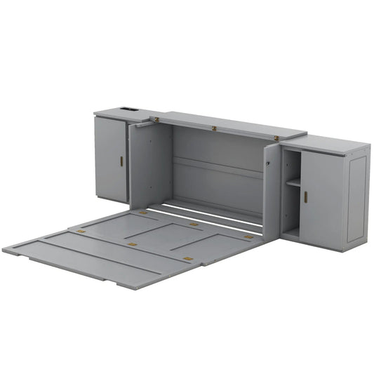 Queen Murphy bed cabinet in gray with built-in shelves and USB ports, bed platform extended on Tampa Home & Garden Store