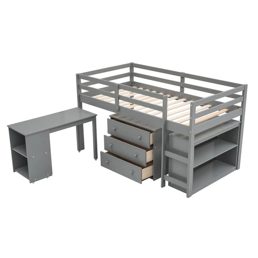 Low study twin loft bed in gray metal with desk and cabinet, built-in drawer storage on Tampa Home & Garden Store