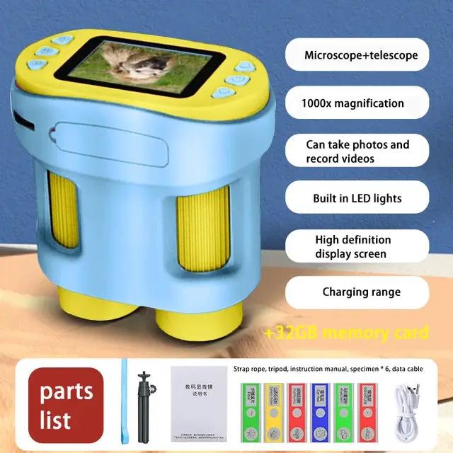 Handheld microscope with LCD screen for kids, blue-yellow body, 32GB card included on Tampa Home & Garden Store