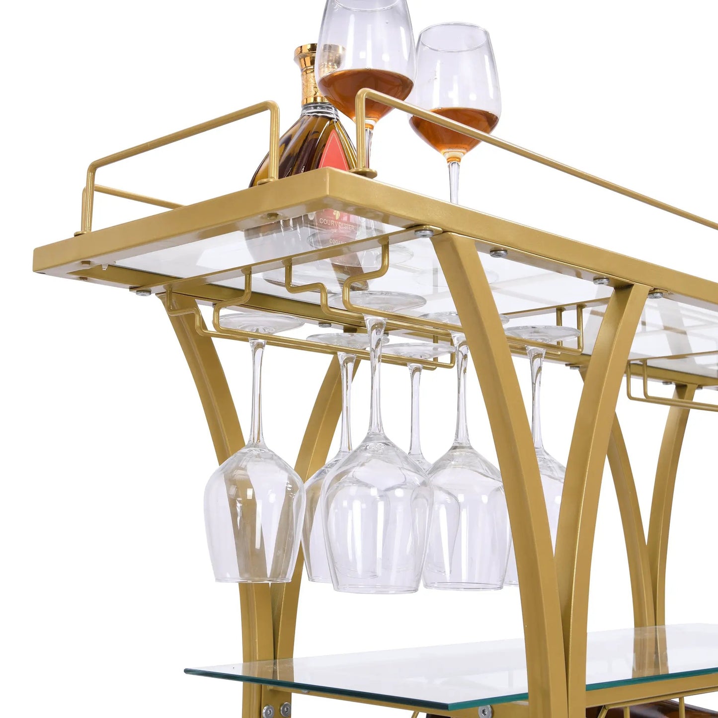 Golden bar cart with tempered glass shelves, wine rack and hanging glasses in gold finish on Tampa Home & Garden Store