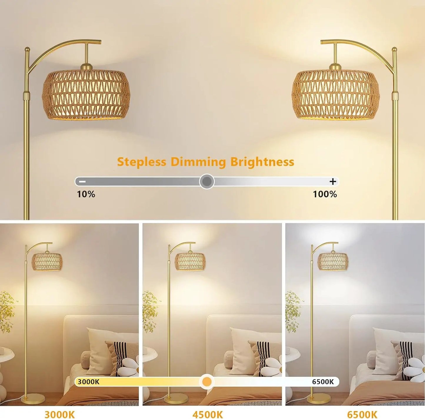 Lámpara de pie de arco con 3 temperaturas de color, lámpara de pie LED dorada con control remoto y bombilla regulable continua, lámpara de pie estilo bohemio