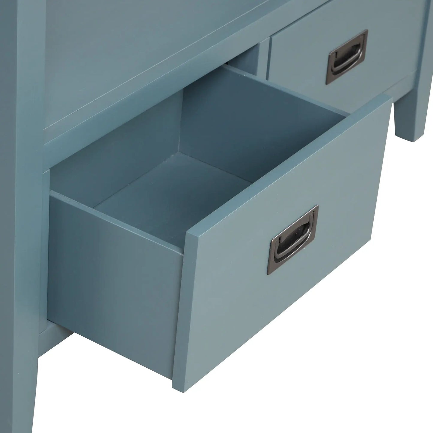 36 Inch Farmhouse Pine Console Table with Drawers in blue-gray finish and metal pulls on Tampa Home & Garden Store