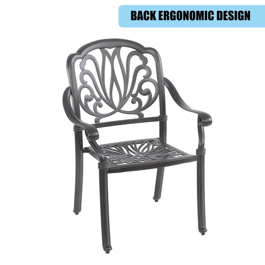 Outdoor metal chair with ornate back in black, part of 5-piece table set with umbrella hole on Tampa Home & Garden Store
