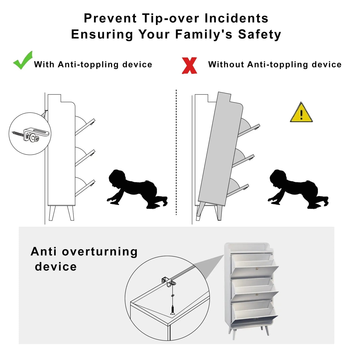 Modern arc shoe cabinet with 3 drawers shown in safety comparison of anti-tip device vs none on Tampa Home & Garden Store