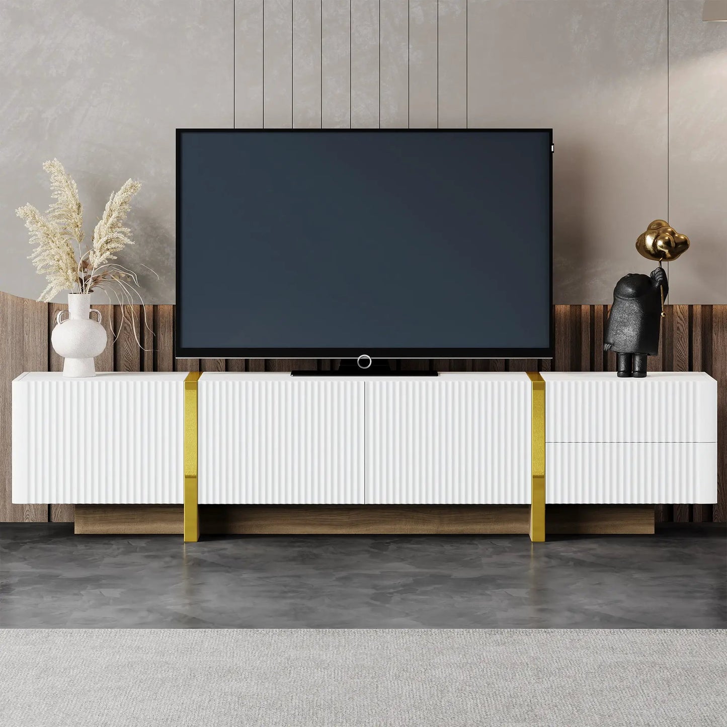 Luxury fluted white TV stand for 80-inch TVs with gold accents on Tampa Home & Garden Store