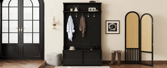 Hall Tree with Roof Rack and Storage Bench Black with coat hooks and top shelf VIP Digital Presence on Tampa Home & Garden Store