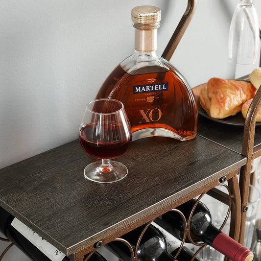 Grey 11-bottle wine bakers rack with glass holder on wood shelf with Martell cognac bottle on Tampa Home & Garden Store