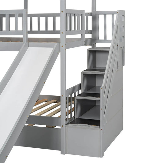 Twin over Twin House Bunk Bed with Slide in gray finish, built-in ladder and stairs on Tampa Home & Garden Store