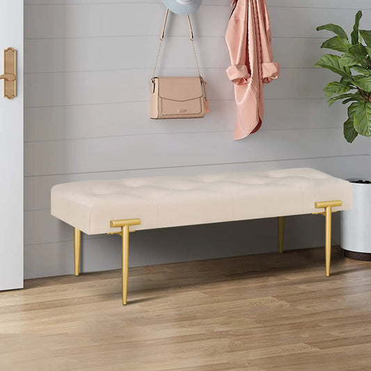 48 inch beige velvet ottoman bench with gold metal legs and a beige handbag visible nearby on Tampa Home & Garden Store