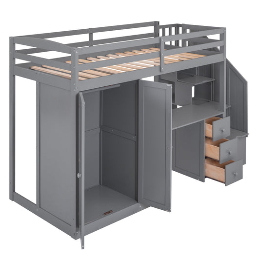 Twin Size Loft Bed with Wardrobe and Staircase Desk and Storage Drawers and Cabinet in 1 Gray