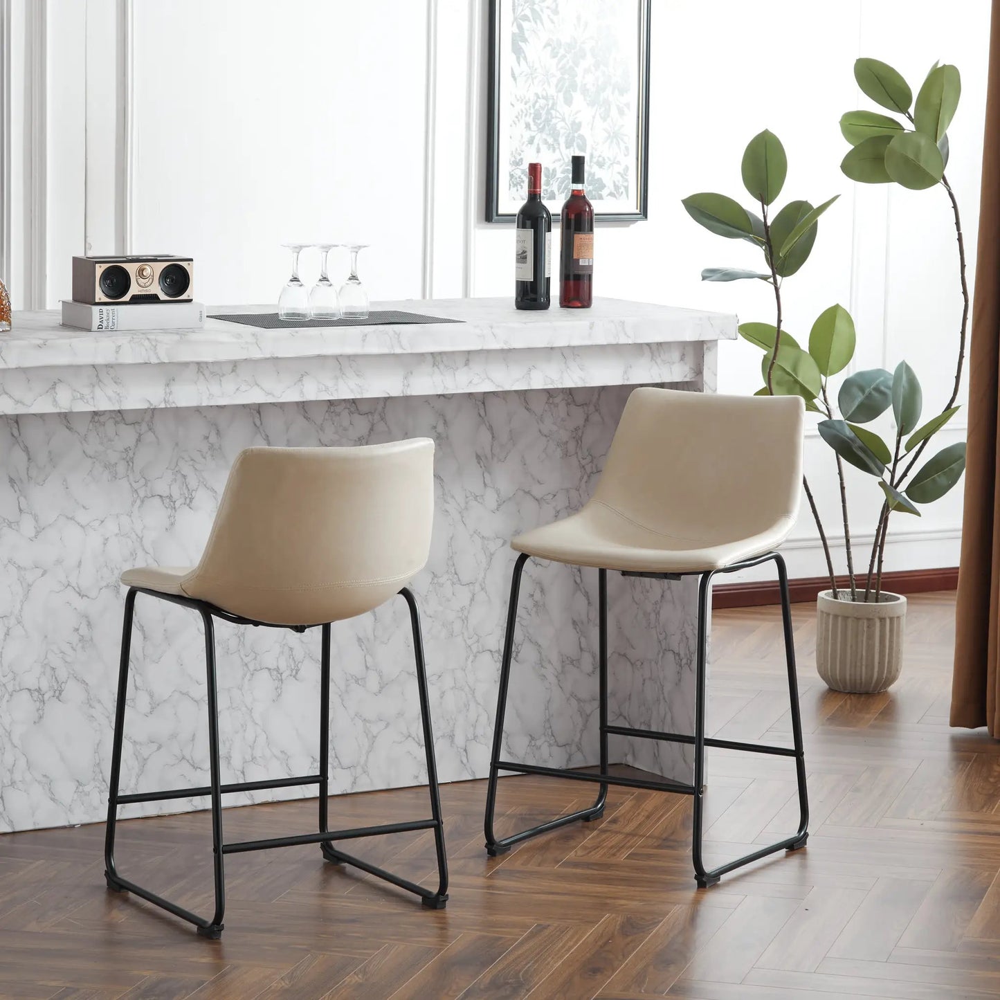 (2 sets) Retro style 24 inch armless industrial faux leather counter stool with metal legs and footrests, cream and black - Tampa Home & Garden Store