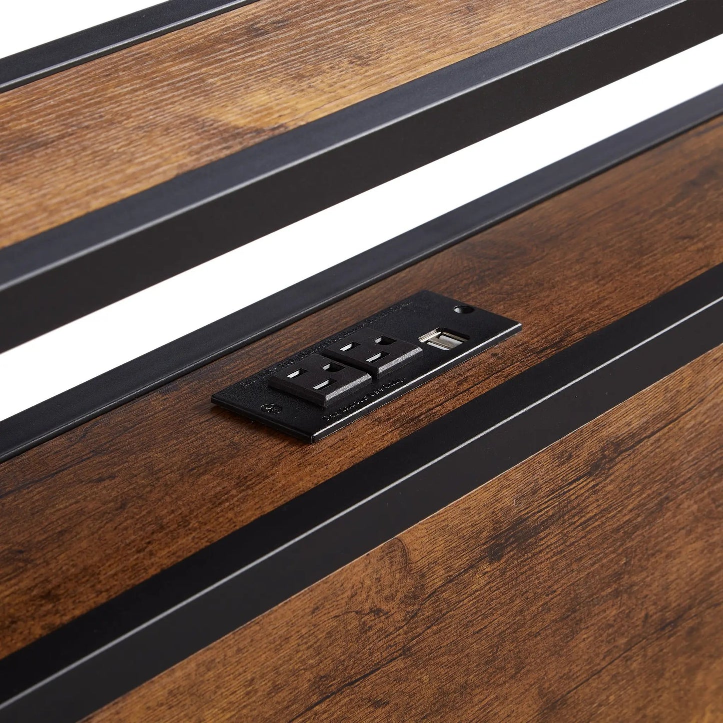 Estructura de cama metálica de plataforma de tamaño doble con cabecero y piecero de madera, LINER USB, luces LED