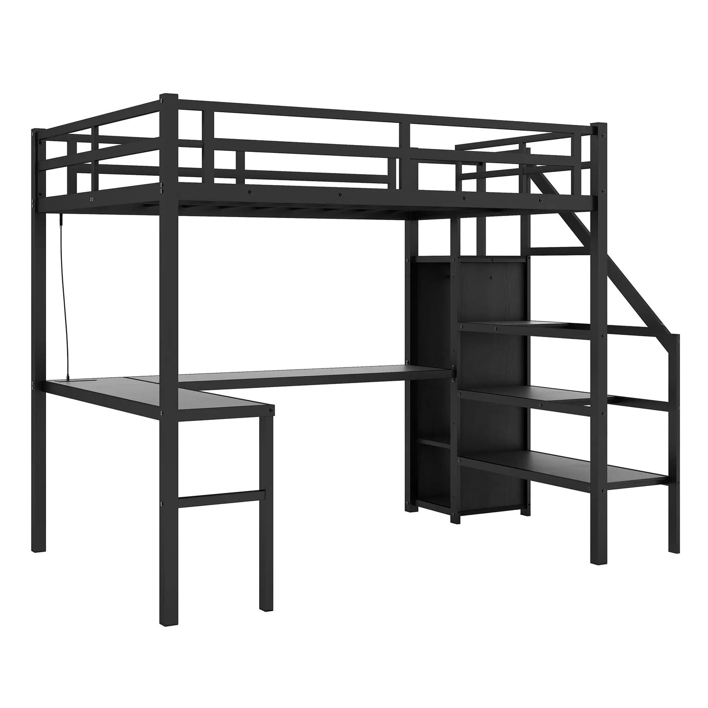 Cama alta de tamaño completo con escritorio en forma de L y USB, cama alta de metal con armario y estante ajustable, color negro