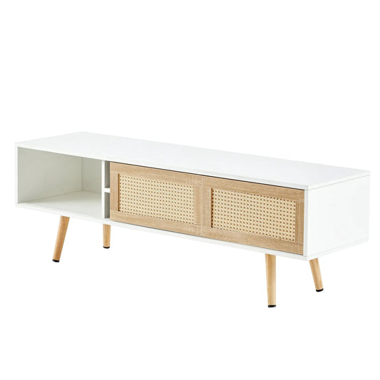 55.12-inch rattan TV cabinet with sliding doors, white body and caned panels, wood legs on Tampa Home & Garden Store
