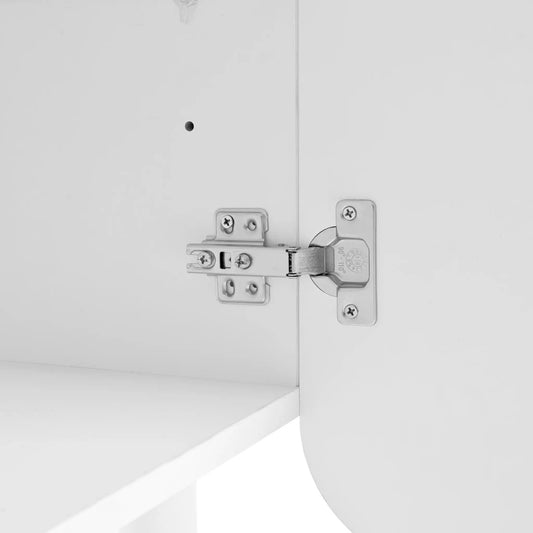 Shoe cabinet hinge close-up on white cabinet with metal hardware on Tampa Home & Garden Store