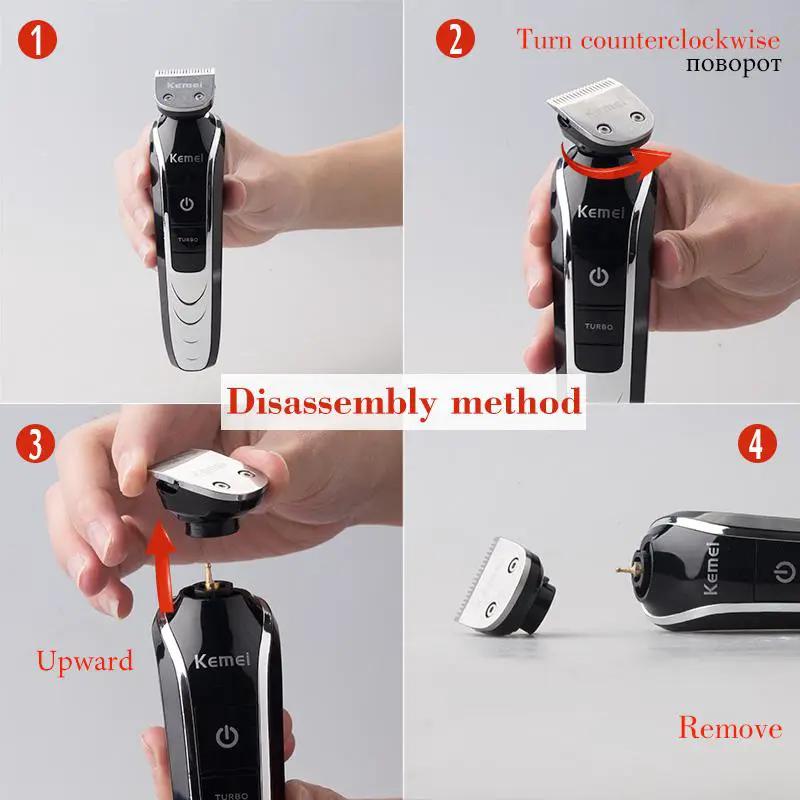 Rechargeable men's hair clipper kit by Kemei in a four-step disassembly guide on Tampa Home & Garden Store