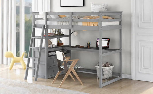 Twin size loft bed with desk and shelves in gray, with underbed workstation and laptop on Tampa Home & Garden Store