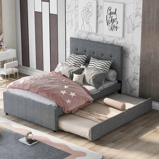 Linen Upholstered Platform Bed Headboard Trundle in grey fabric by VIP Digital Presence on Tampa Home & Garden Store